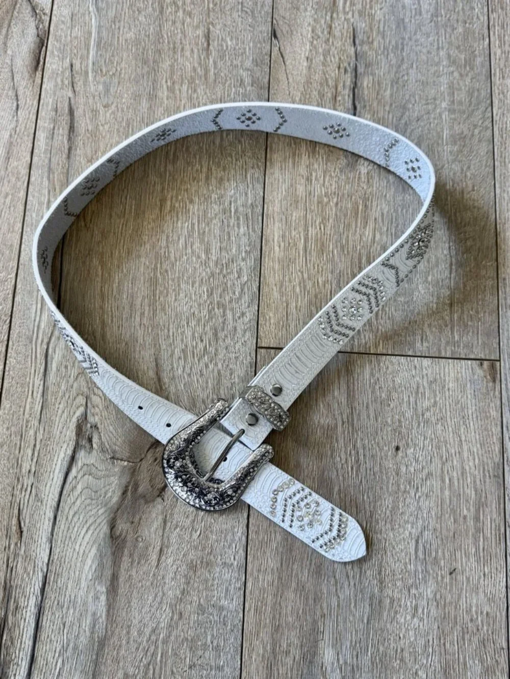 Y2K Genuine Leather White Snake Embossed Rhinestone Silver Studs Buckle Medium